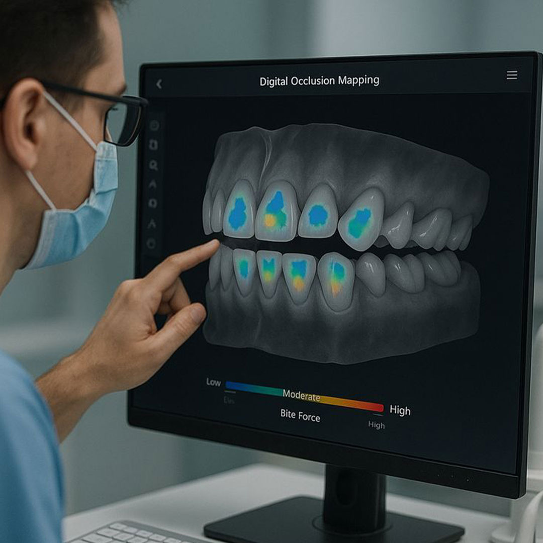 A San Diego oral and maxillofacial surgeon reviewing a digital jaw scan with a patient to discuss treatment options.